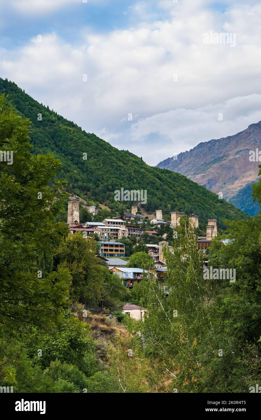 Mestia landscape with Svan towers, mountains in Svaneti region, Georgia. Mestia in Svaneti region is a popular sightseeing destination Stock Photo