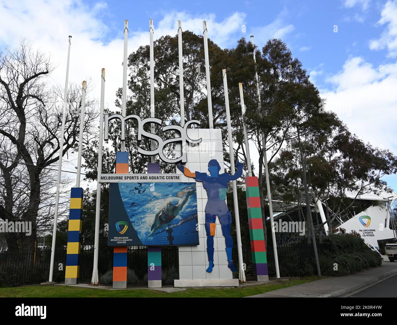 Prominent signage at the entrance to the Melbourne Sports and Aquatic Centre, or MSAC, precinct Stock Photo