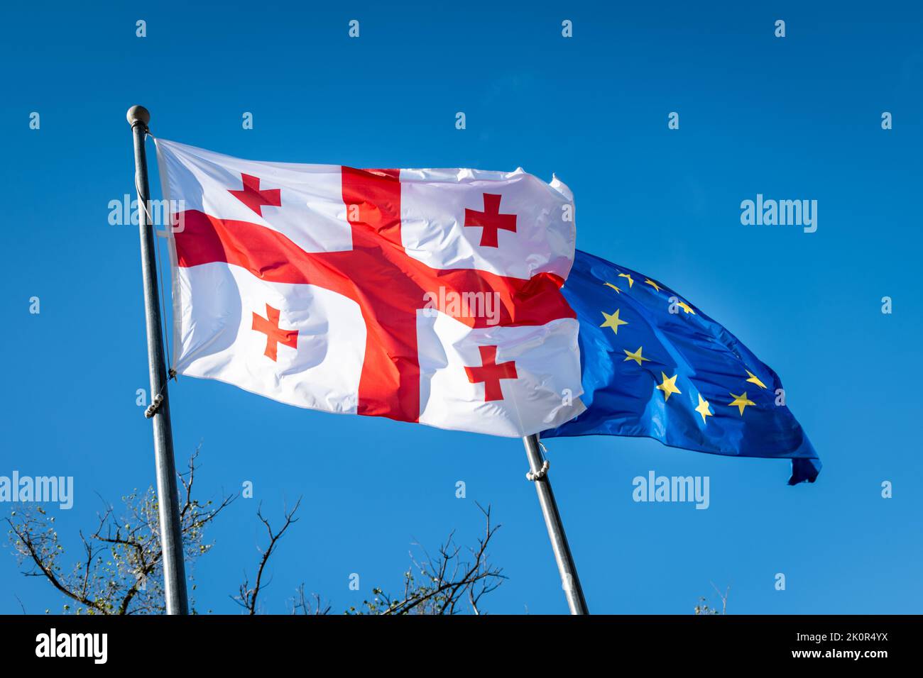 Georgia flag and EU flag. Flag of the country Georgia and European union together Stock Photo