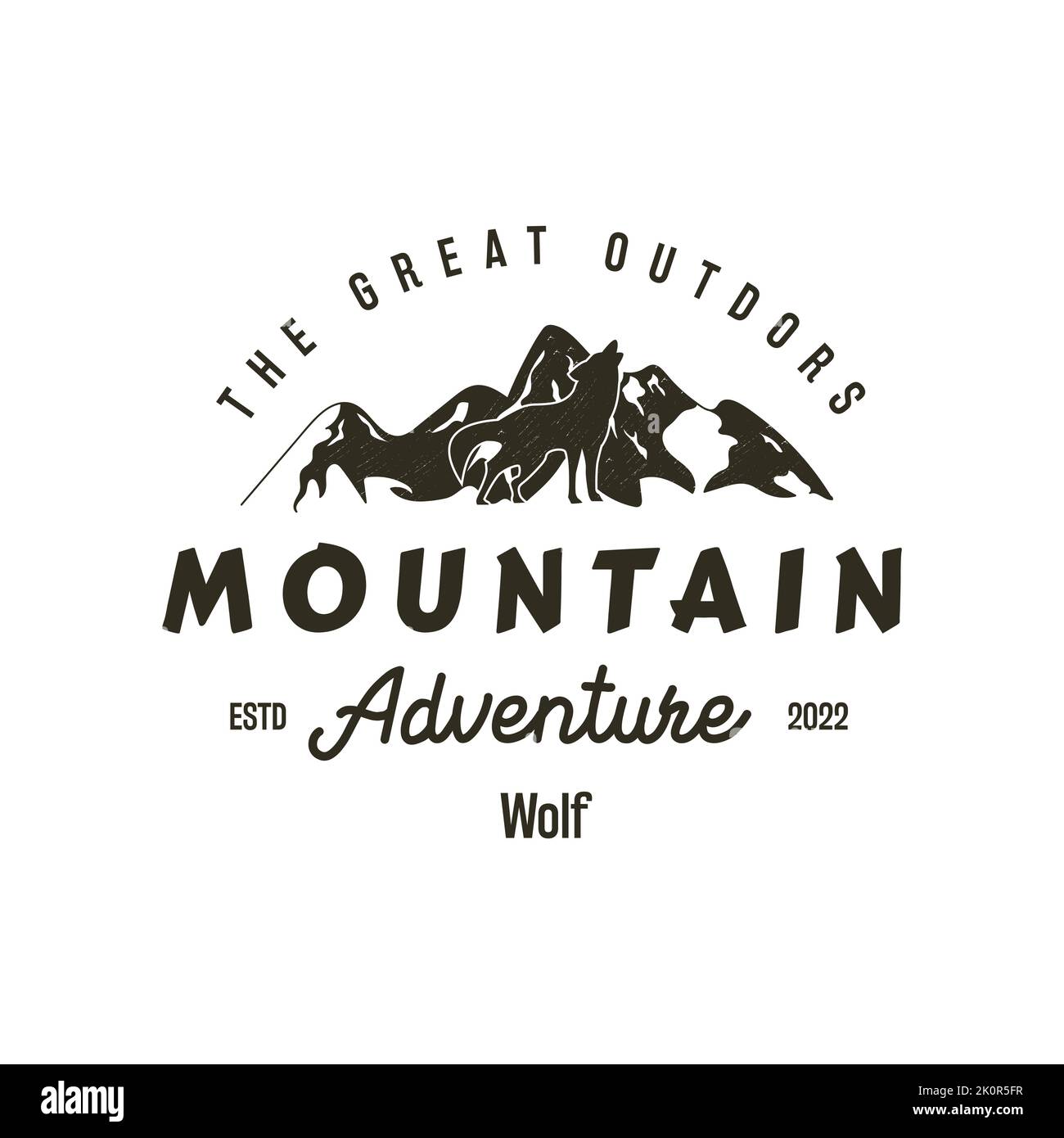 Retro style outdoor adventure hiking and camping badge, badge, design element, logotype template. vector illustration with mountain and wolf symbol lo Stock Vector