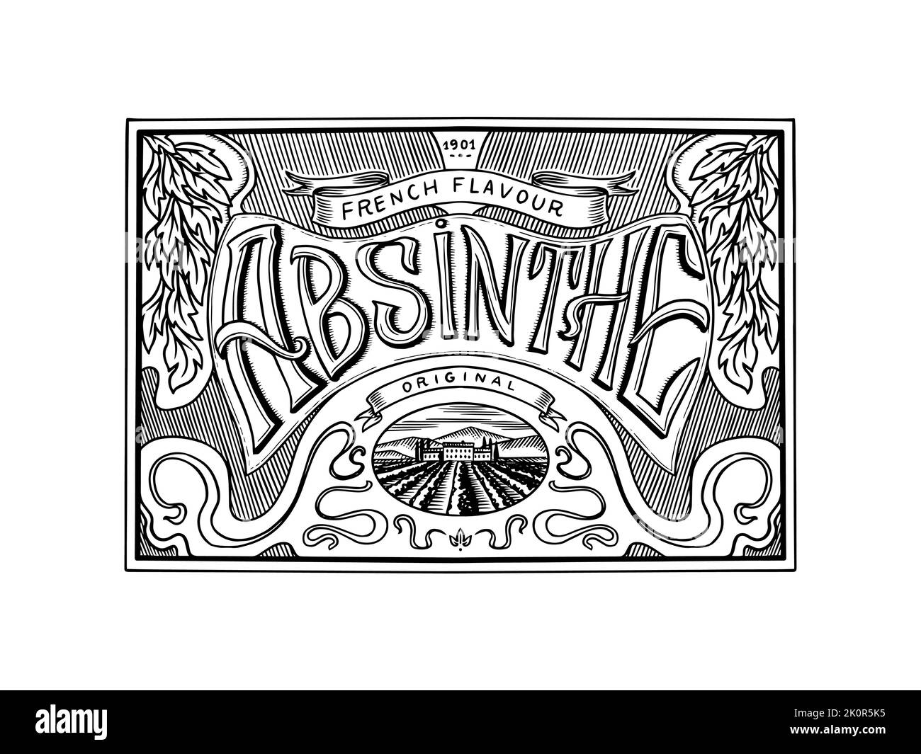 Vintage American Absinthe badge. Alcohol Label with calligraphic elements. Frame for poster banner. Hand drawn engraved lettering for t-shirt. Stock Vector