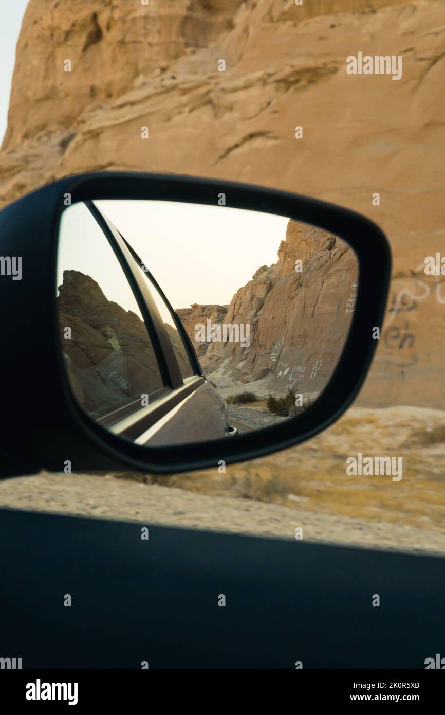 desert view in the front mirror of the car, Jordan. High quality photo ...