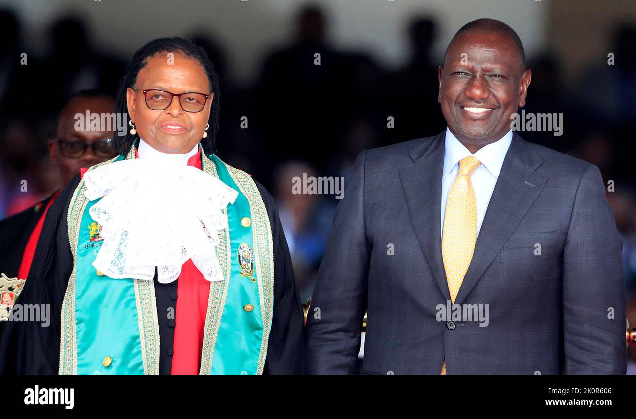 Kenya's President William Ruto poses for a photograph with Chief Justice Martha Koome during his swearing-in ceremony in Nairobi, Kenya September 13, 2022. REUTERS/Thomas Mukoya Stock Photo