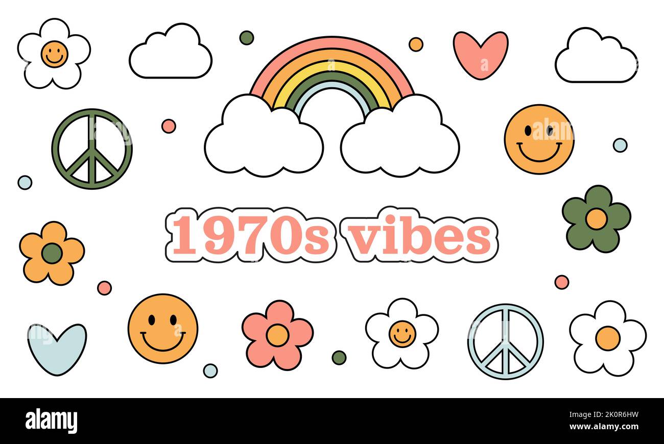 1970 trippy groovy sticker set. Daisies, hearts, rainbow, smiles, symbols peace, clouds on white background. 70s vibes elements, cartoon stickers. Gro Stock Vector