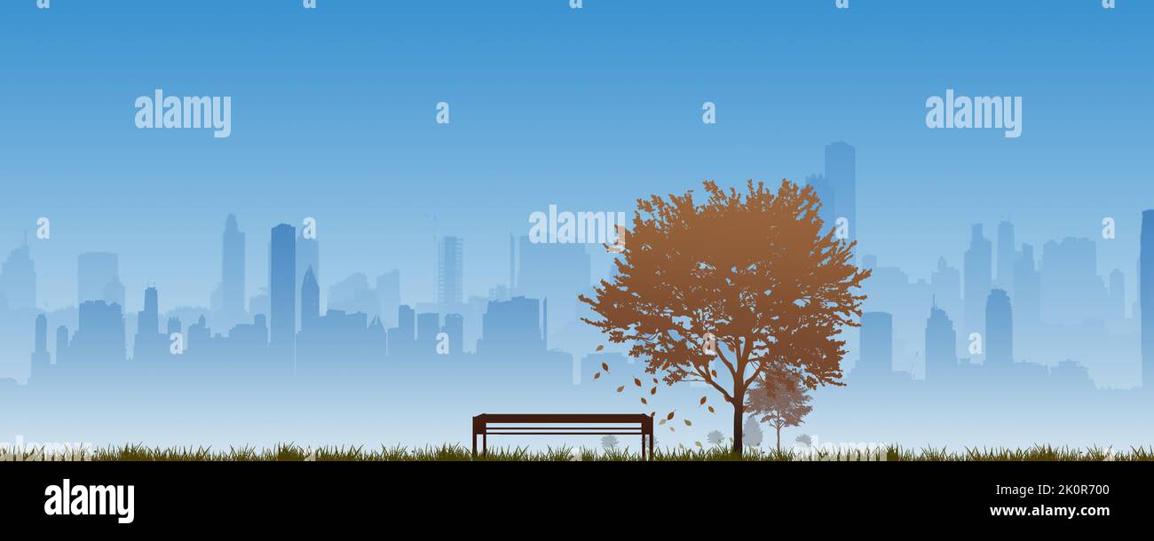 sunny autumn day in the country with cityscape view from a bench Stock Photo