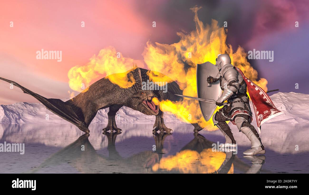 Medieval knight fights a fire-breathing dragon in the background of ...