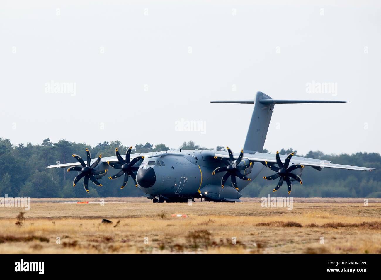 Illustration picture shows the Airbus A400M military transport aircraft during a press briefing on Storm Tide 2022 (05-16/09), the fictitious non-combatant evacuation operation, organised by Belgian defence, in Weelde, Tuesday 13 September 2022. About 800 soldiers from the Land, Air and Medical components will constitute an intervention detachment deployed there for a fictitious non-combatant evacuation operation (NEO) by incorporating the different specialties and skills of SO Regt. This press moment is organized to offer the possibility of observing the work of the para-commandos and the A40 Stock Photo