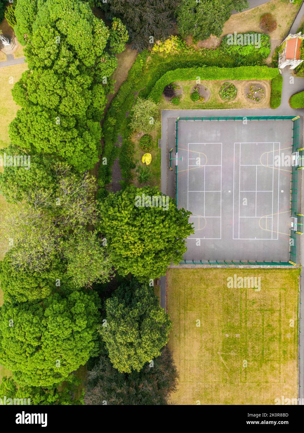 Aerial view, vertical shot, of Muga Multi-use games area Stock Photo
