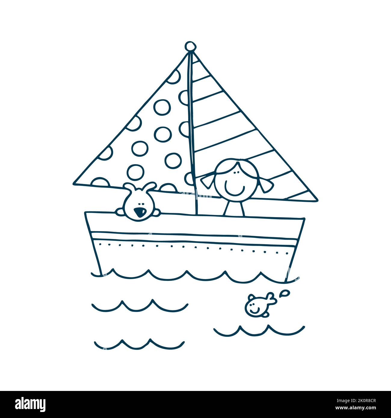 Funny ship floating in water and other baby toys on sand of a sea beach on a sunny summer day, black and white vector illustration in a cartoon style Stock Photo
