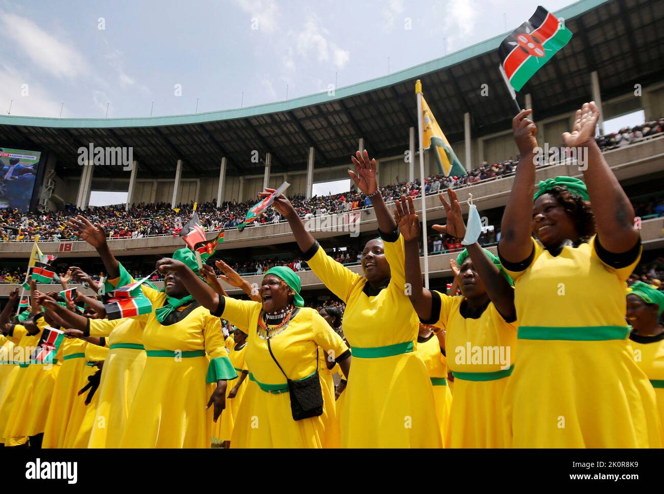 Women cheer as they attend the swearing-in ceremony of the in-coming President William Ruto in Nairobi, Kenya September 13, 2022. REUTERS/Thomas Mukoya Stock Photo