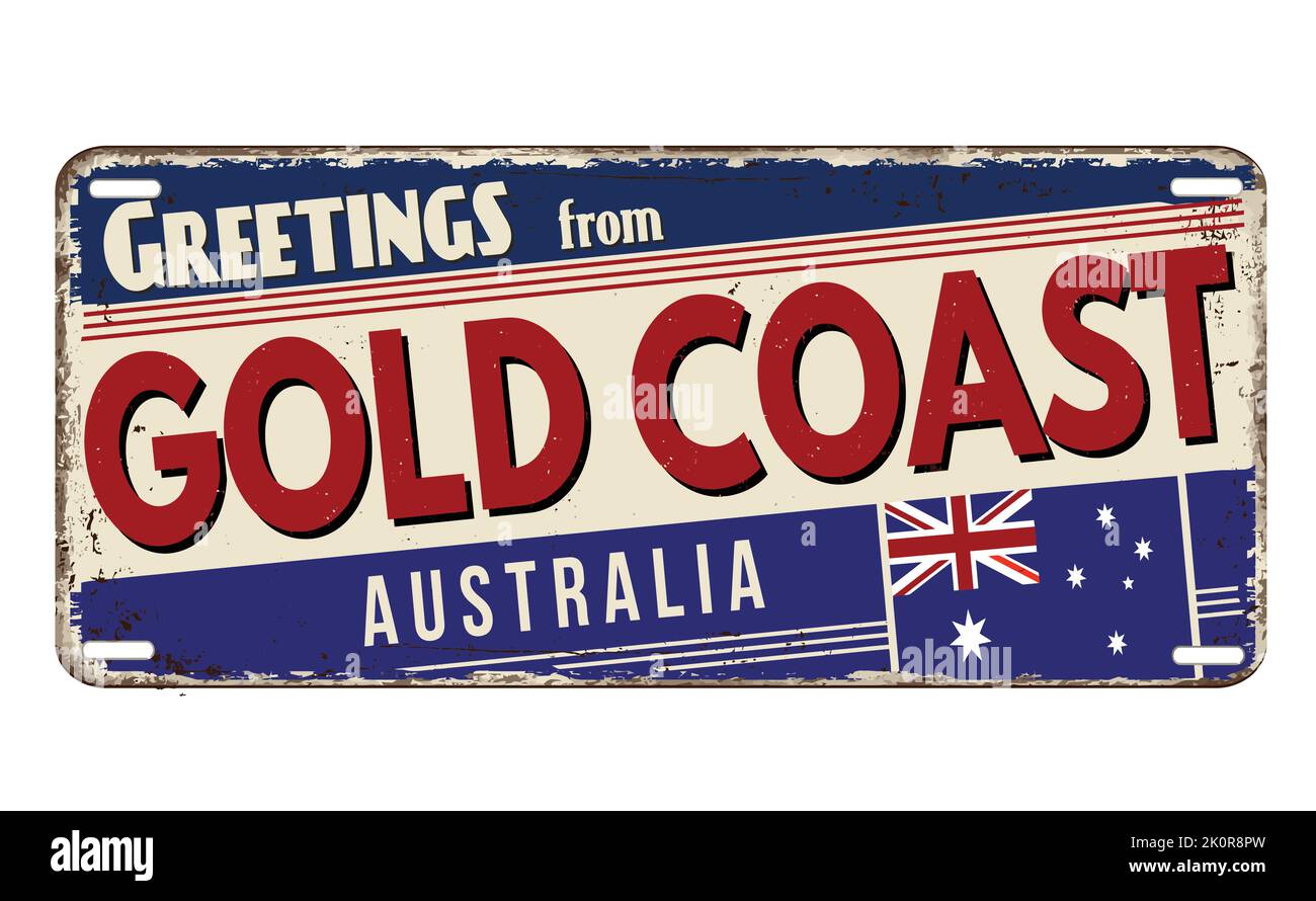 Greetings from Gold Coast vintage rusty metal plate on a white background, vector illustration Stock Vector