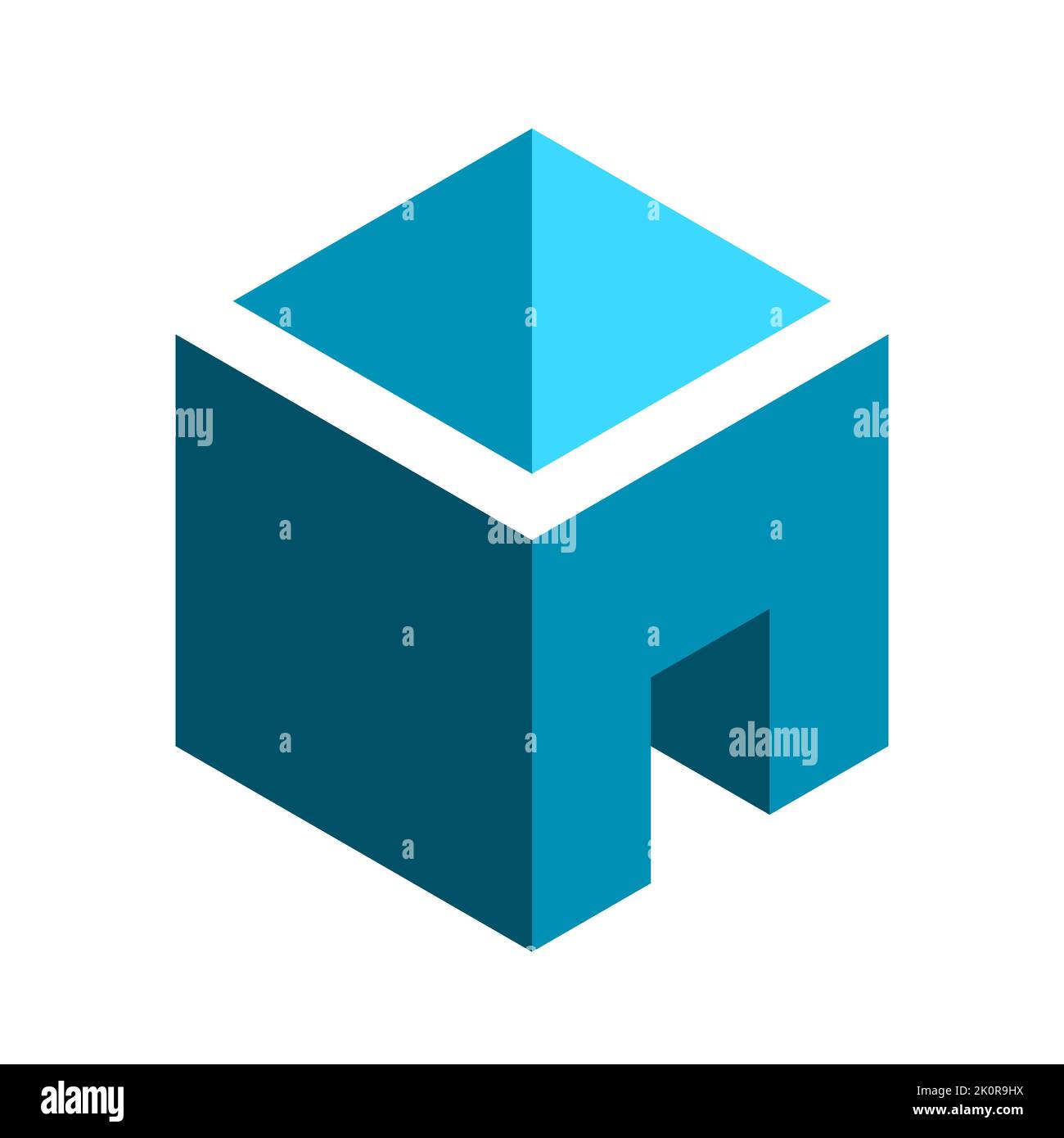 Blue geometric cube house with a roof. 3D box shape with an open door. Construction, building, architecture logo template. Room interior design.Vector Stock Vector