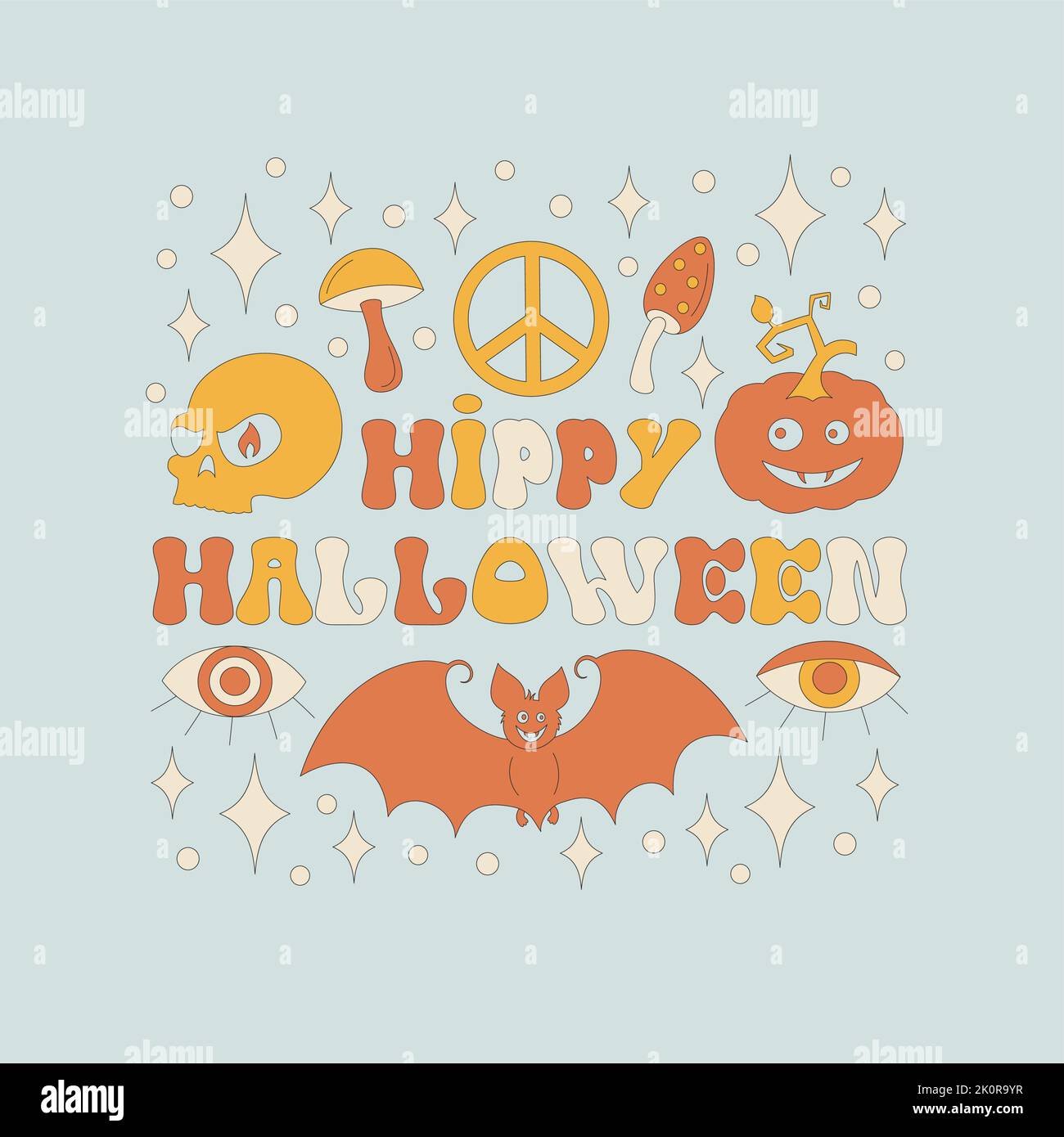 Pattern with retro 70s style Halloween elements.  Stock Vector