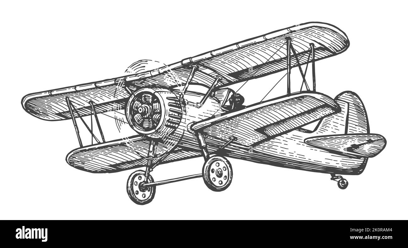 Flying aircraft. Retro plane. Hand sketch aviation in vintage engraving style. Vector illustration isolated Stock Vector
