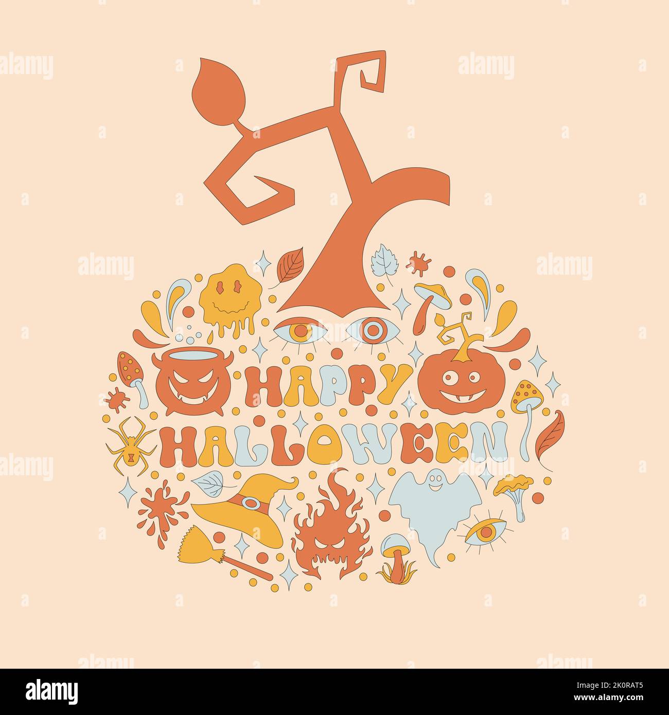 Pattern with retro 70s style Halloween elements.  Stock Vector