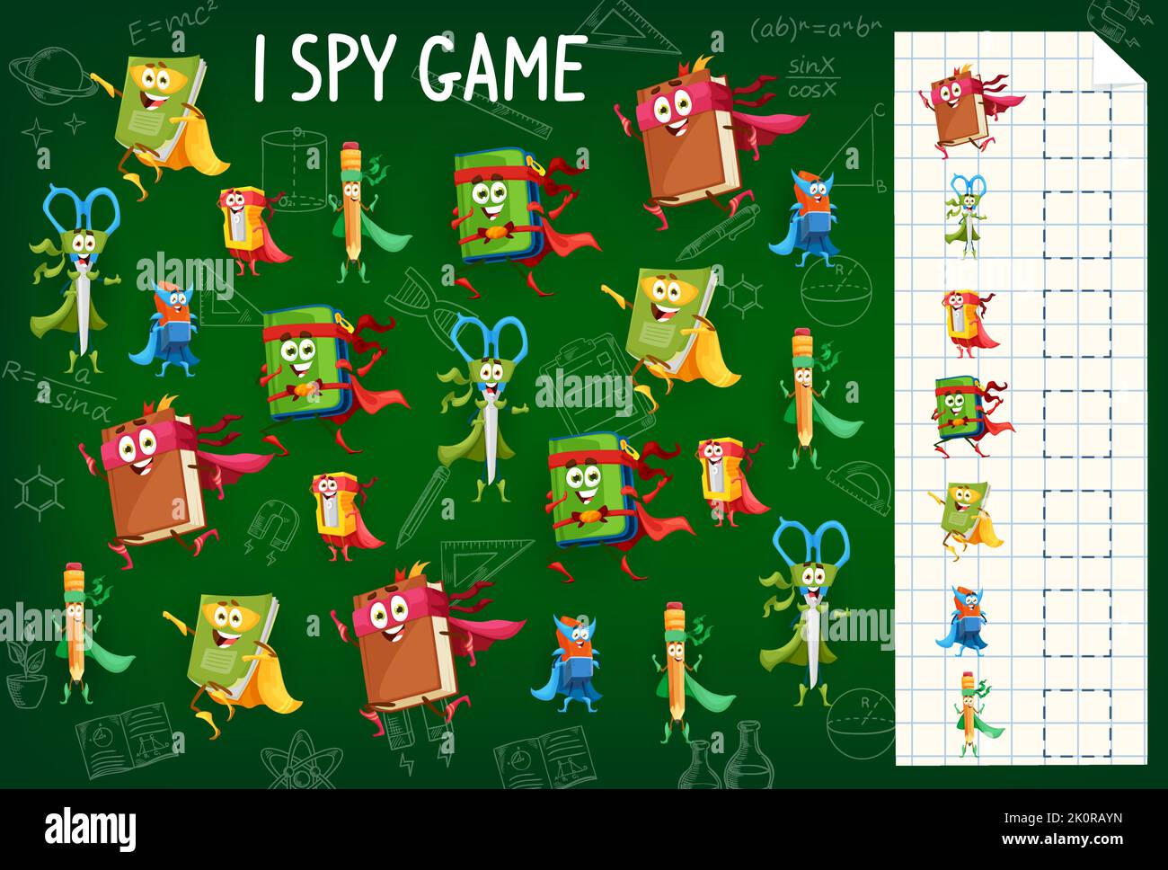 I spy game worksheet. Cartoon school education superhero characters