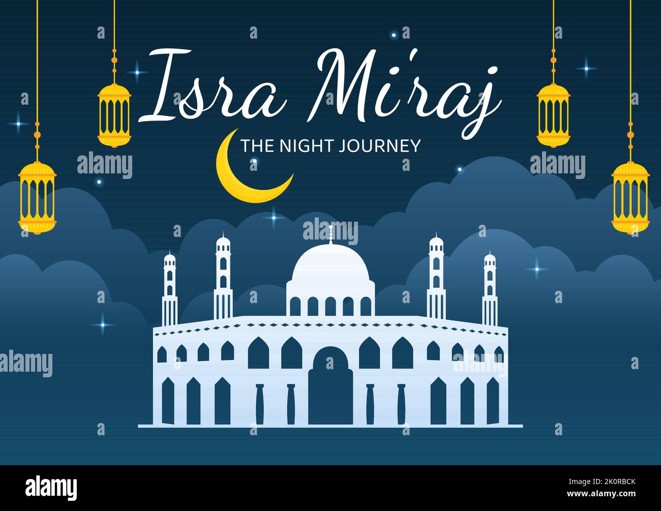 Happy Isra Miraj Nabi Muhammad SAW Template Hand Drawn Cartoon Flat Illustration Suitable for Greeting Card, Poster and Banner Stock Vector