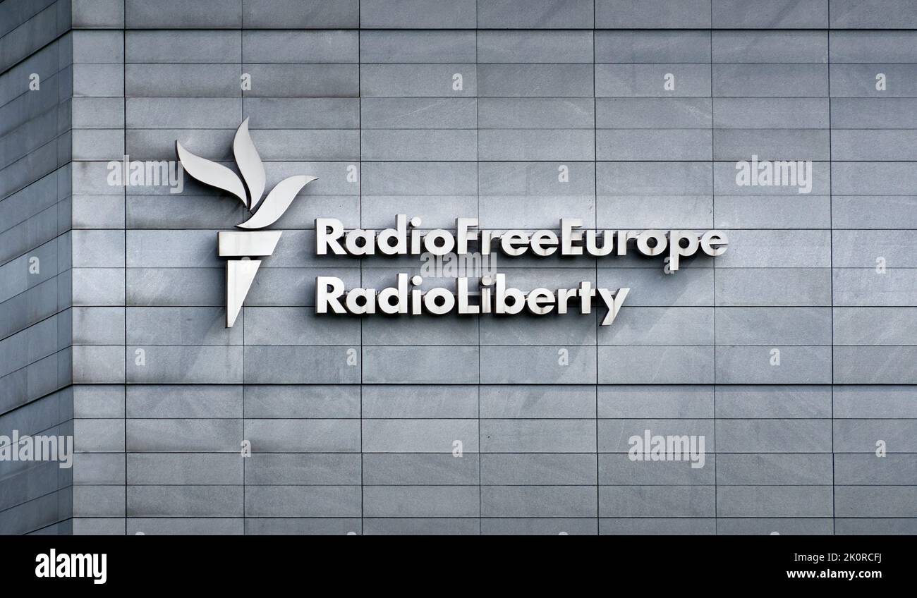 Radio Free Europe, Radio Liberty, lettering on the wall of the American station's headquarters in Prag, Czechia, August 30, 2022 Stock Photo