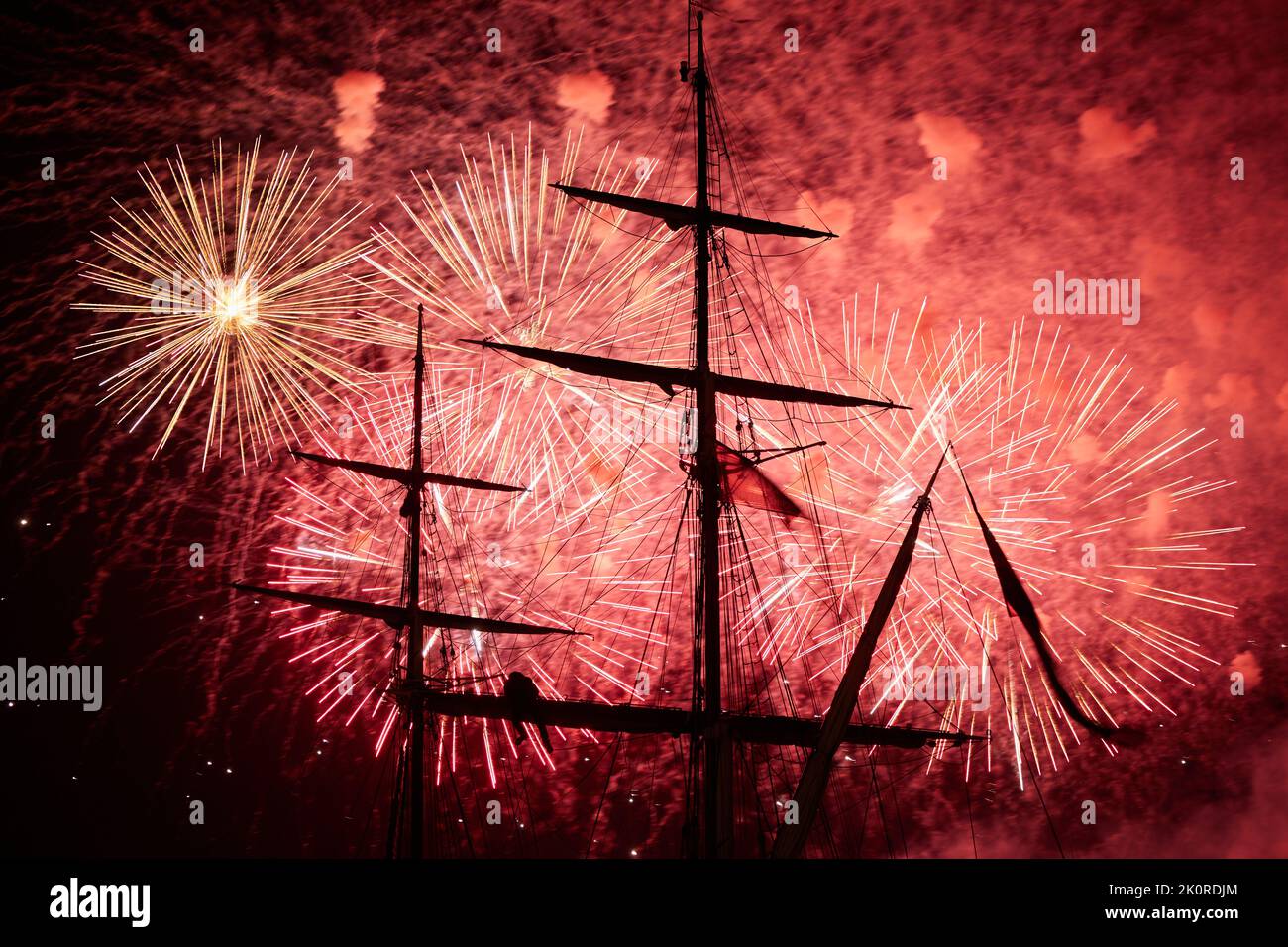 Amazing firework show from Tall Ship Race 2022 in Aalborg Stock Photo