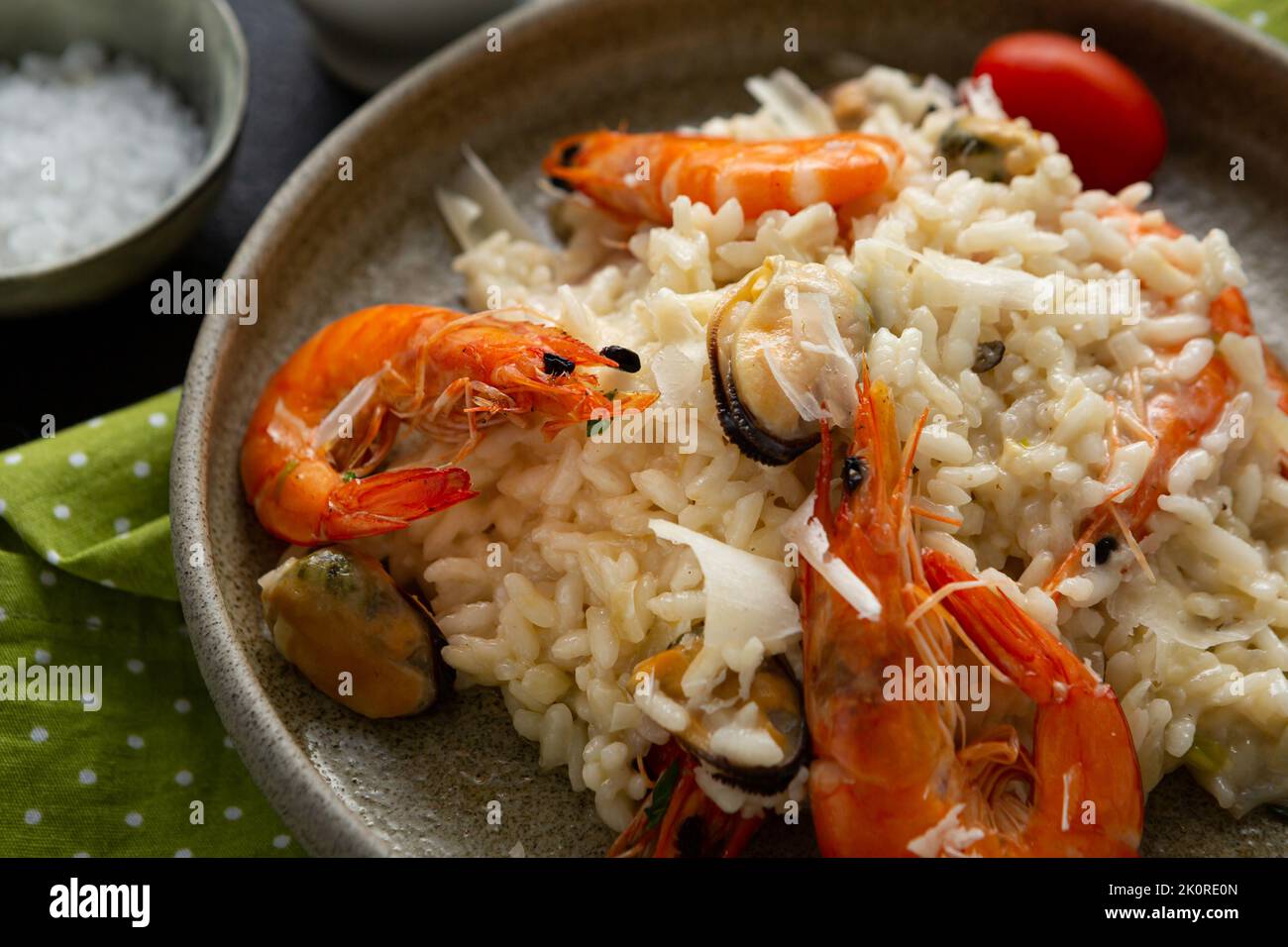 Muscles Risotto Close up of Risotto with mussels and shrimps cheese in bowl italian ...