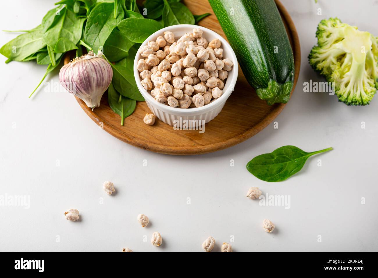 Fresh vegetables and chick pea for coooking vegan food background Stock Photo