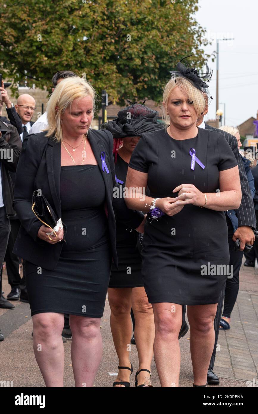 Prittlewell, Southend on Sea, Essex, UK. 13th Sep, 2022. A funeral service took place in St. Mary’s Parish Church in the Prittlewell borough of Southend for Archie Battersbee. The 12-year-old boy passed away after his life-support was turned off following months of legal battles by the family in an attempt to continue treatment. He was found unconscious & subsequently considered to have suffered brainstem death in April, but his family applied to various courts to prolong treatment until the legal decision to remove life support in August. Mother Hollie Dance (r) after the service Stock Photo