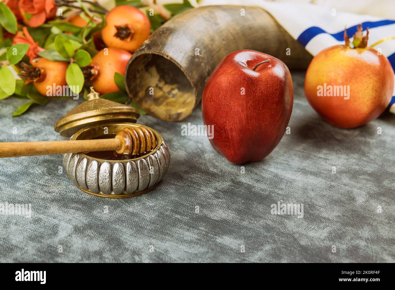 Rosh Hashanah traditional symbols Jewish New Year holiday apples, honey, pomegranate Stock Photo