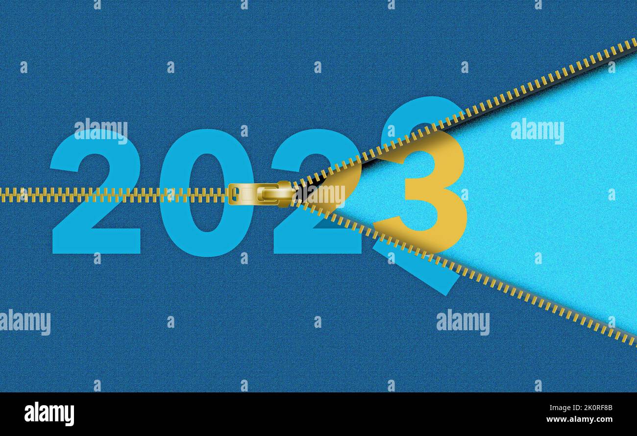 The new year 2023 is unzipped and exposed from beneath the number 2022 in a 3-d illustration. Stock Photo