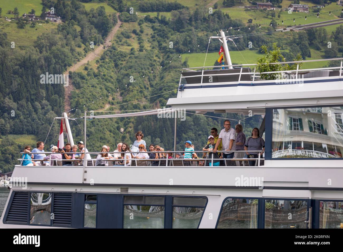 Sightseeing boat with passengers close up, Zell am See, Austria Stock Photo