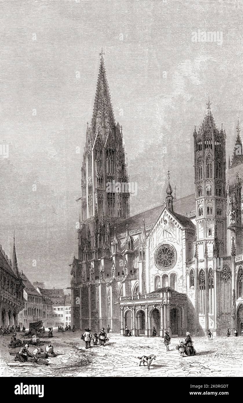 Freiburg Minster, Freiburg im Breisgau, southwest Germany, seen here in the 19th century.  Construction of the cathedral began around 1200 in Romanesque style and was continued in 1230 in Gothic style.  From Les Plus Belles Eglises du Monde, published 1861. Stock Photo