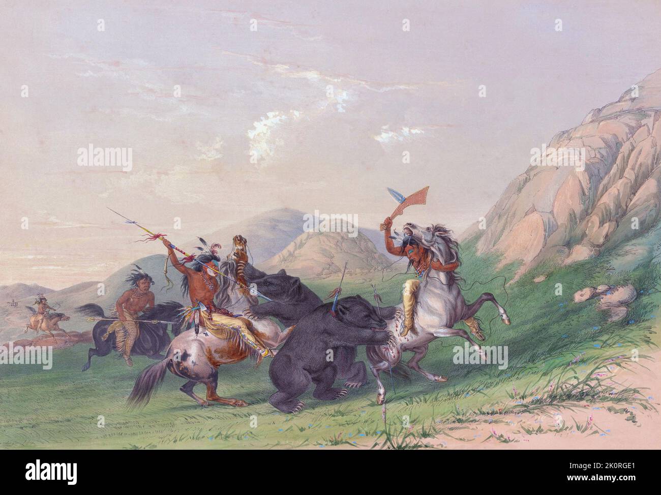 Attacking the Grizzly Bear.  Mounted Indians attack a bear with lances and an axe.  From Catlin's North American Indian Portfolio, published in London 1844 by the artist, American adventurer George Catlin, 1796 - 1872.  During many journeys Catlin recorded with pen and brush the customs and life-styles of Native American tribes. Stock Photo