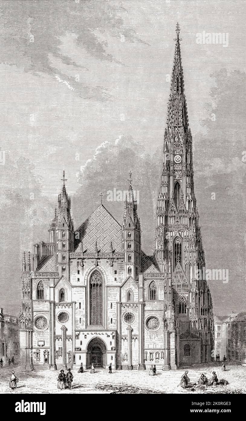 St. Stephens Cathedral, Vienna, Austria seen here in the 19th century. The cathedral stands on the ruins of two earlier churches and is of Romanesque and Gothic architectural style.  From Les Plus Belles Eglises du Monde, published 1861. Stock Photo