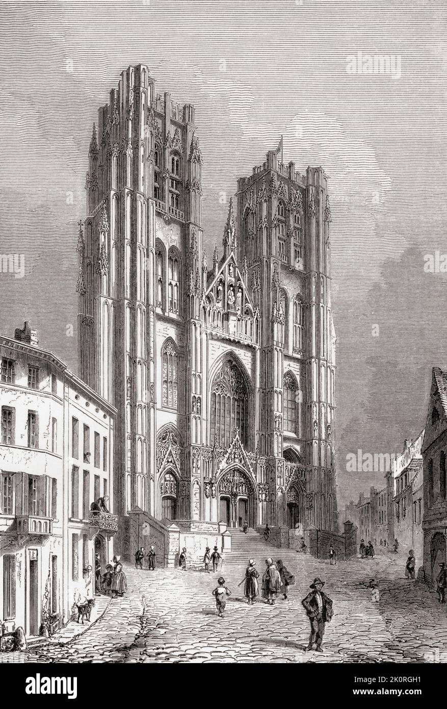 The Cathedral of St. Michael and St. Gudula, aka Cathedral of St. Gudula or St. Gudula, Brussels, Belgium, seen here in the 19th century.  Built 11th - 15th centuries it is of Gothic and Brabantine Gothic architectural style.  From Les Plus Belles Eglises du Monde, published 1861. Stock Photo