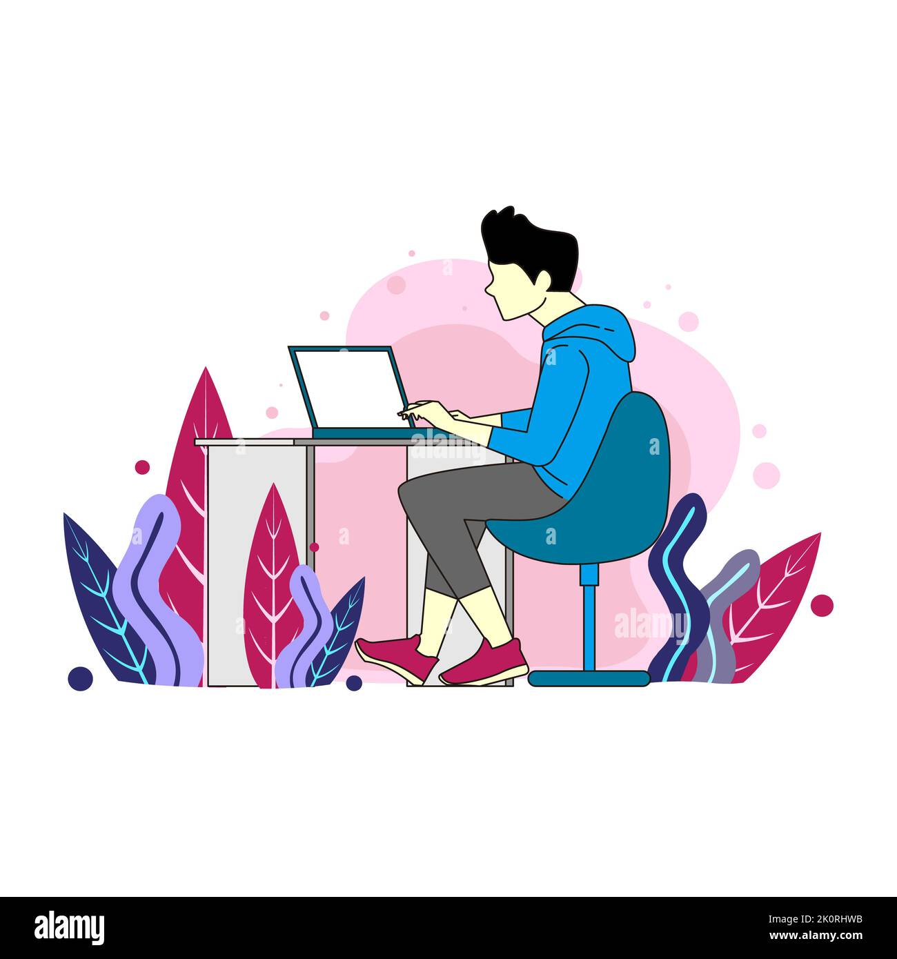 Programmer works at home at the computer. Remote work in the home office. IT specialist freelancer. Colorful vector illustration in flat cartoon style Stock Photo