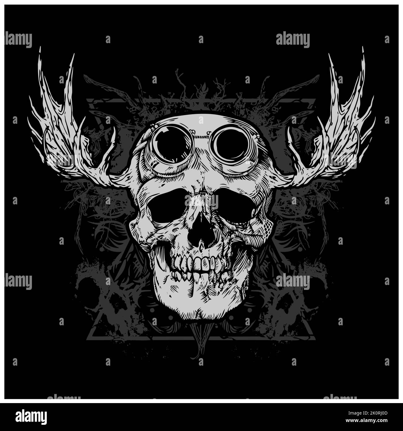 Skull with beard and mustaches, vector icon for hipster barber shop, tattoo and t-shirt print. Man skull with mustaches and beard, vintage retro monoc Stock Photo