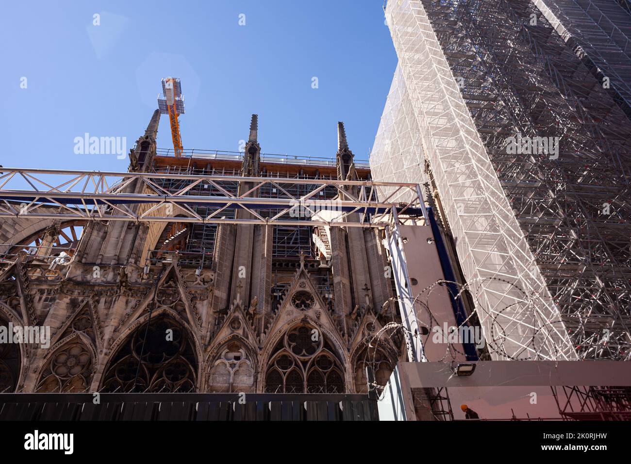 View of the Notre Dame de Paris under restoration Stock Photo