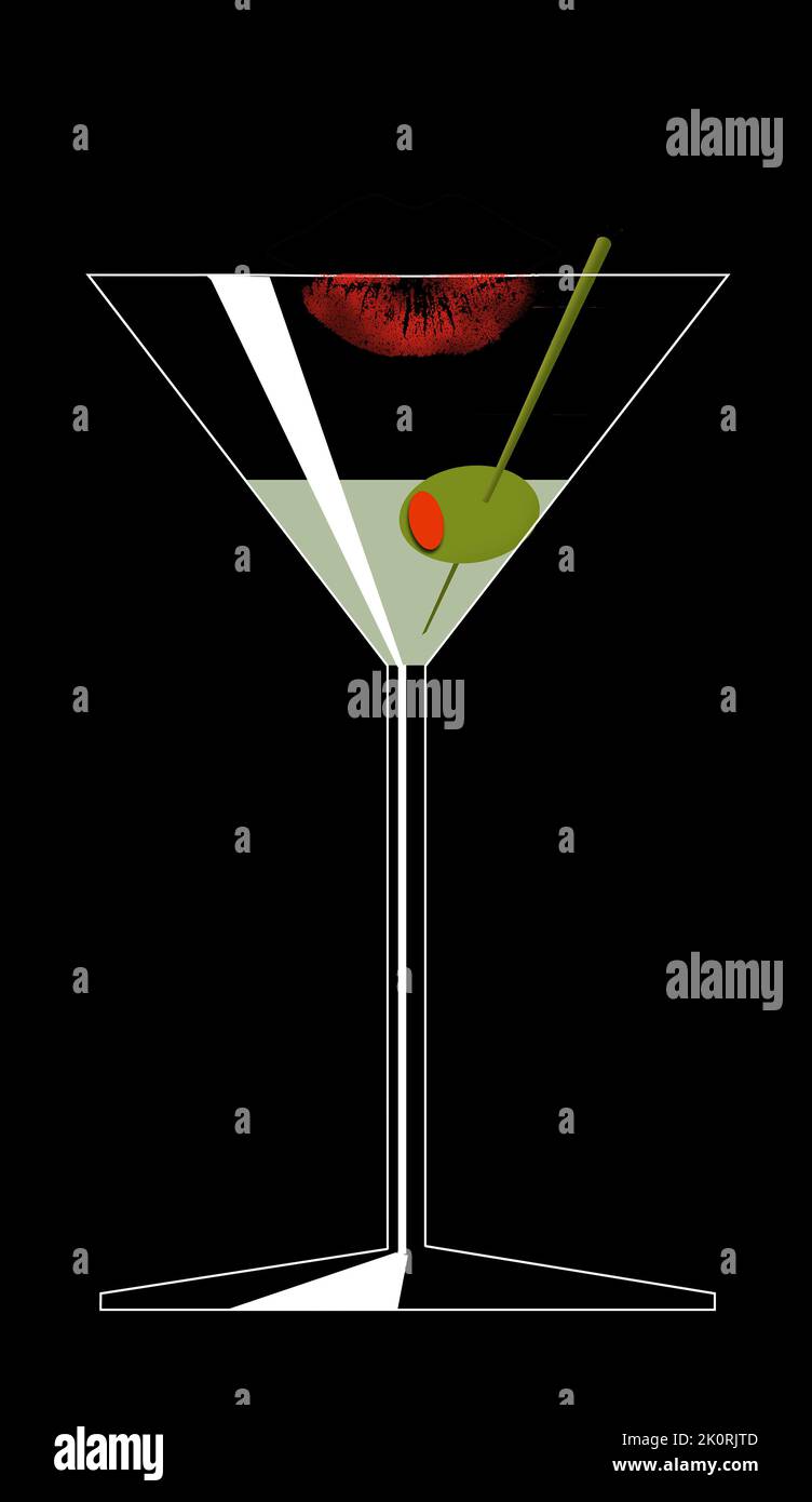 Here is a martini with  lipstick smudge, a swizzle stick and olive in a 3-d illustration. Stock Photo