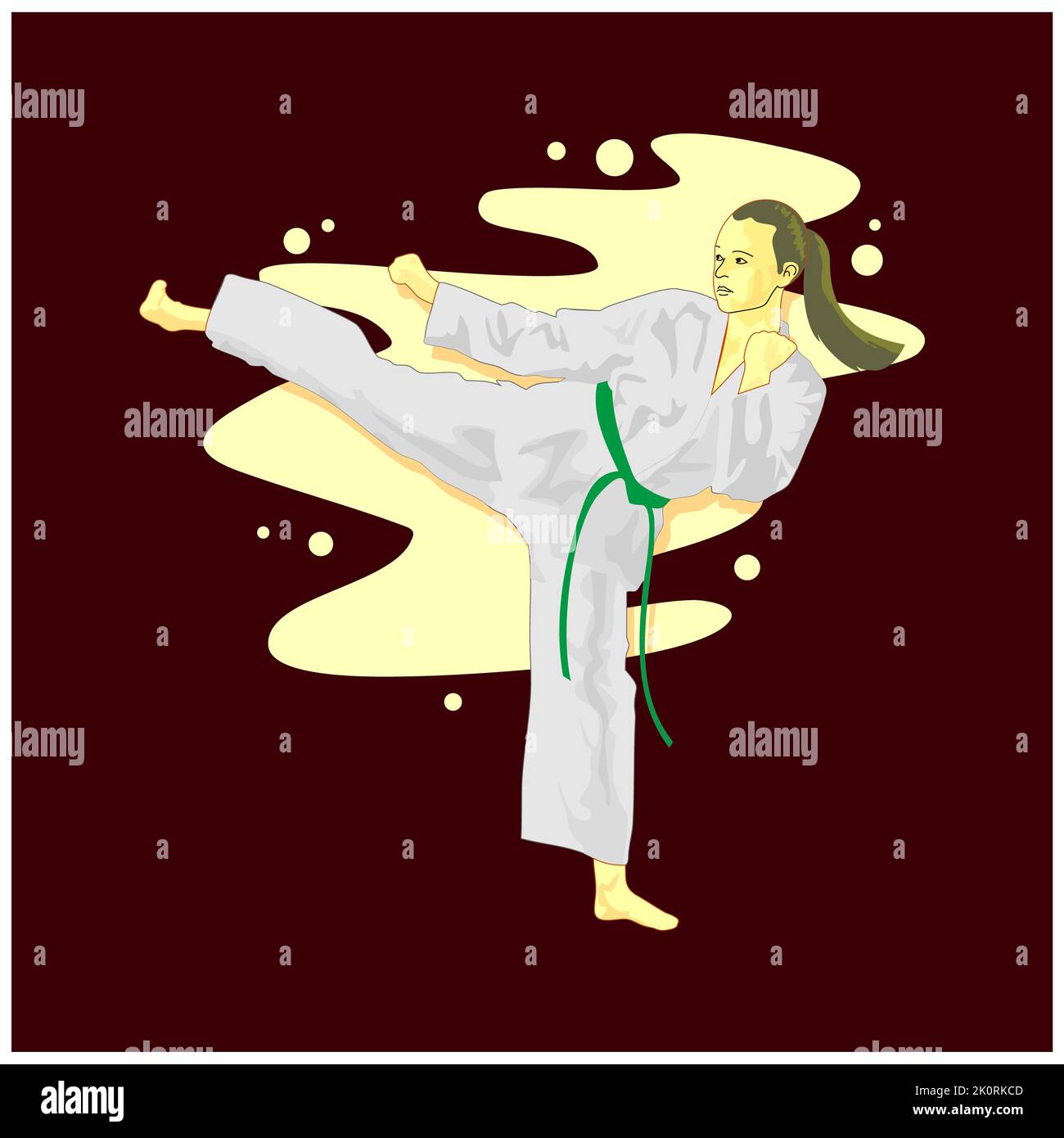 Female Karate Fighter Character in White Kimono Doing Karate Japan Martial Art Cartoon Style Vector Illustration Stock Photo