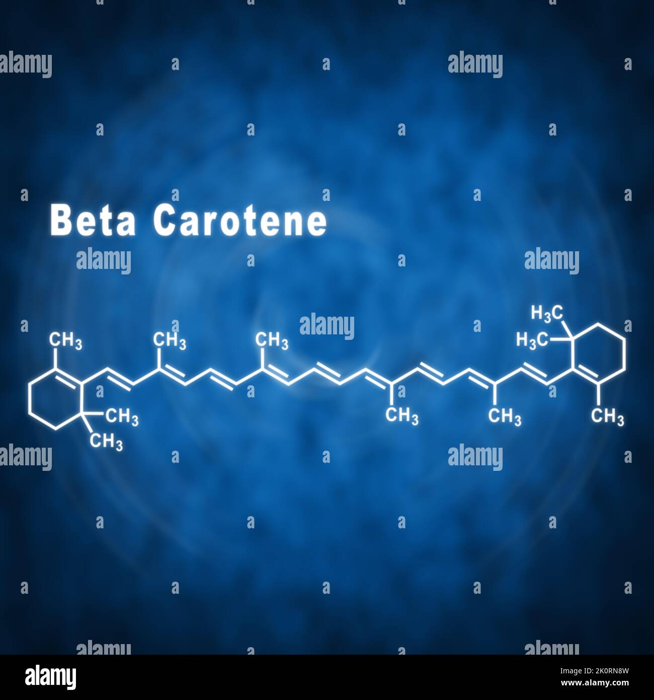 Beta Carotene, Structural chemical formula on a blue background Stock