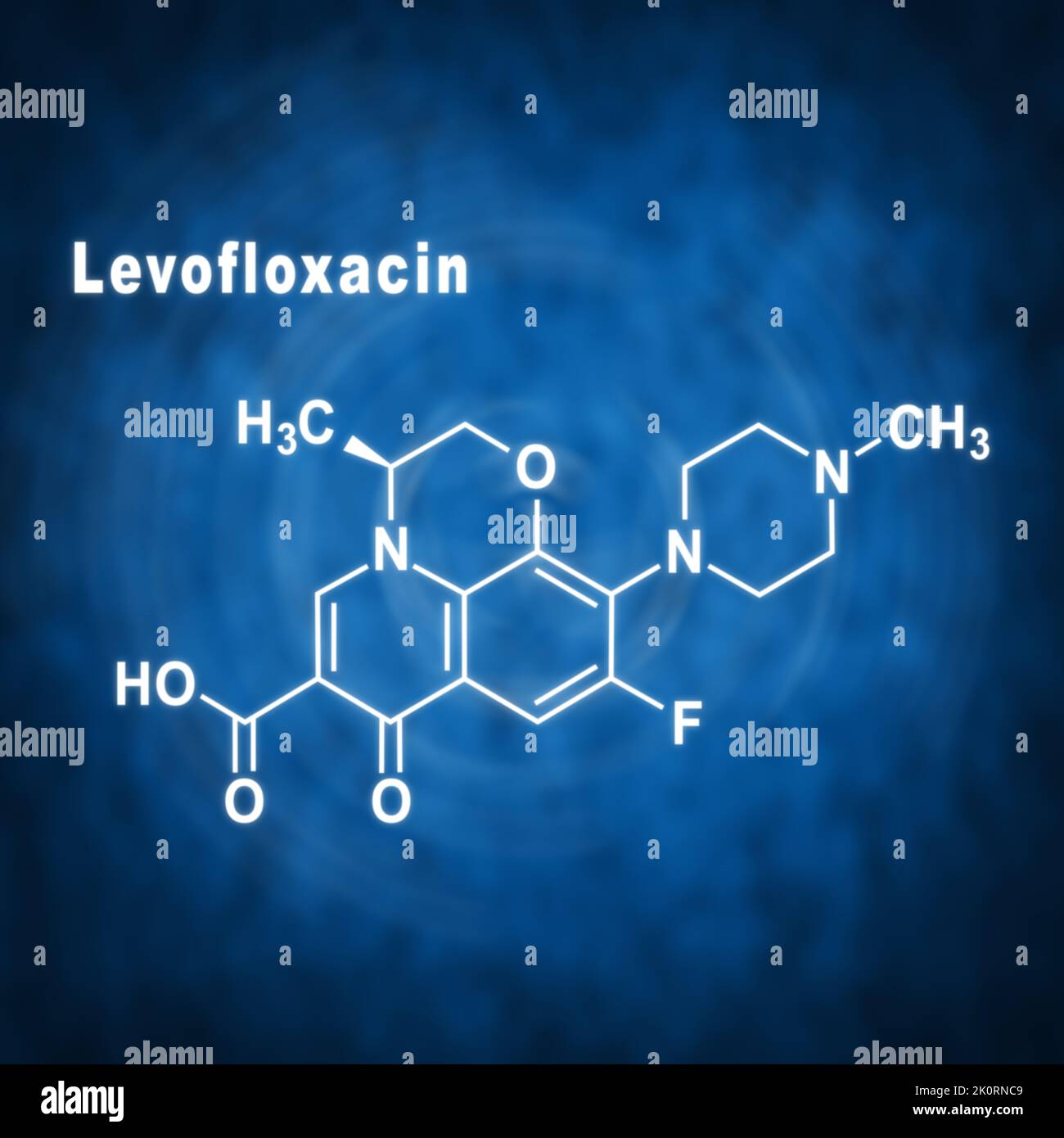 Levofloxacin antibiotic drug, Structural chemical formula on a blue