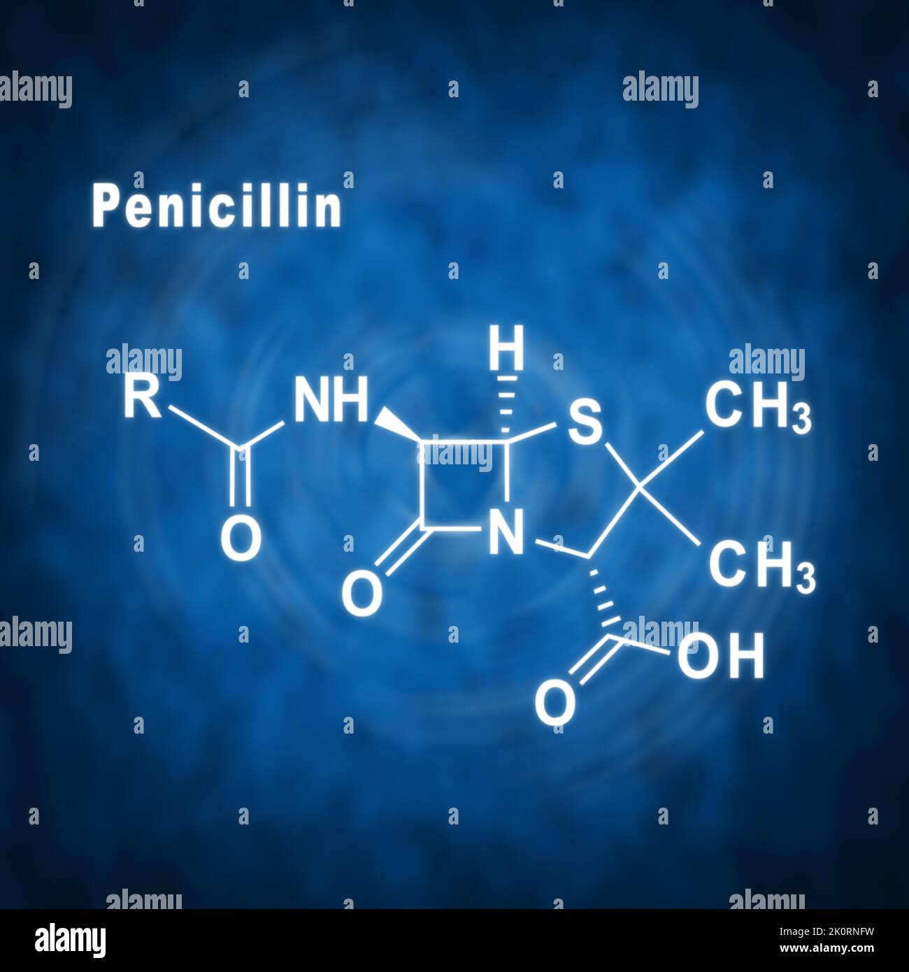 Penicillin, antibiotic drug, Structural chemical formula on a blue