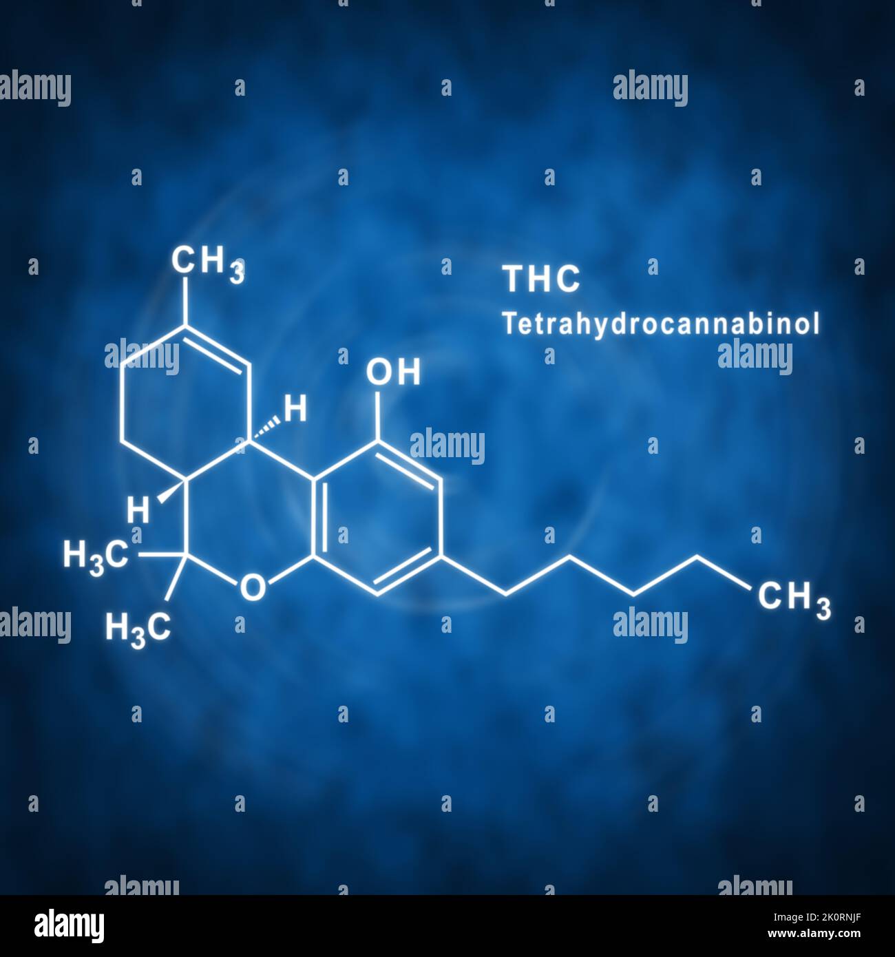 THC Tetrahydrocannabinol Structural chemical formula on a blue ...
