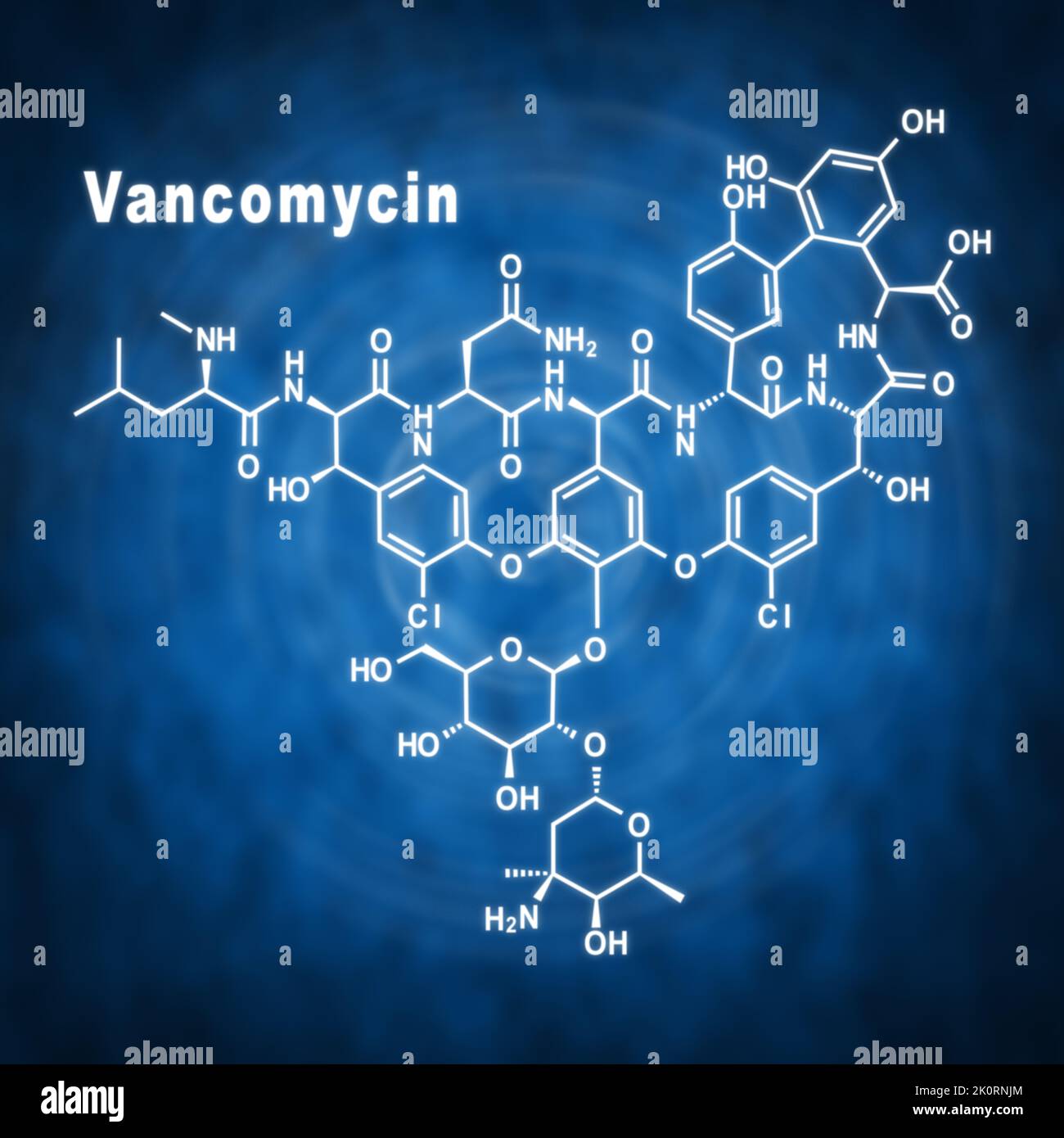 Vancomycin molecule, antibiotic, chemical structure on a blue background Stock Photo