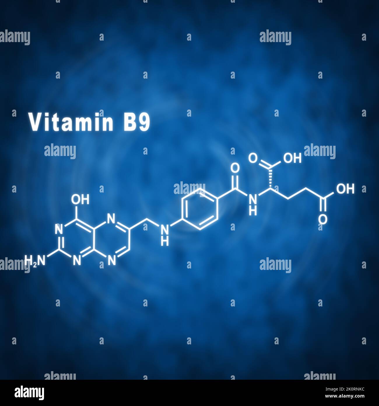 Vitamin B9, folic acid, Structural chemical formula on a blue