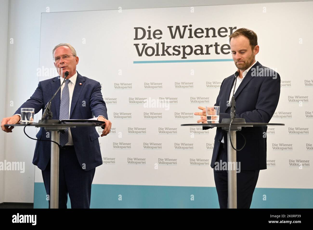 Vienna, Austria. 13th Sep, 2022. Press conference of the Vienna People's Party with Vienna People's Party with state party chairman Karl Mahrer (L) and club chairman Markus Wölbitsch (R). Topic: News about the SPÖ financial scandal and news from the Vienna People's Party Stock Photo
