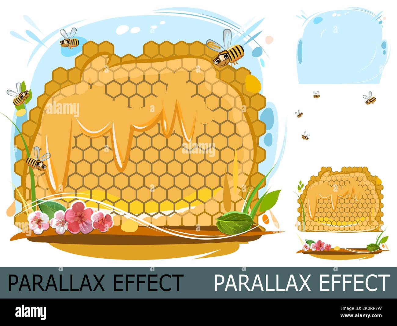 Bee honeycomb. Bees collect nectar, get honey, put it in wax cells. Isolated object on white background. Trickles of honey. Image from layers for Stock Vector