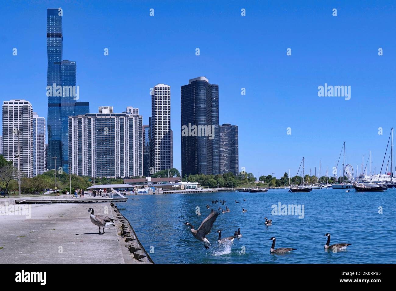 Chicago Lakefront Trail and waterfront apartment buildings near Randolph Street Stock Photo