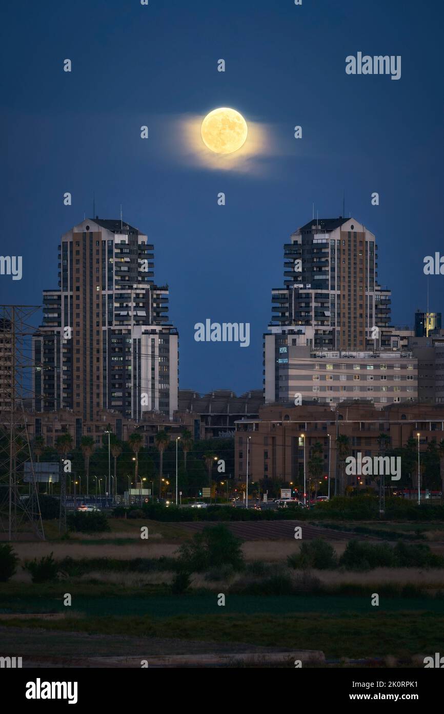 Llaves de Oro buildings with a full moon Stock Photo