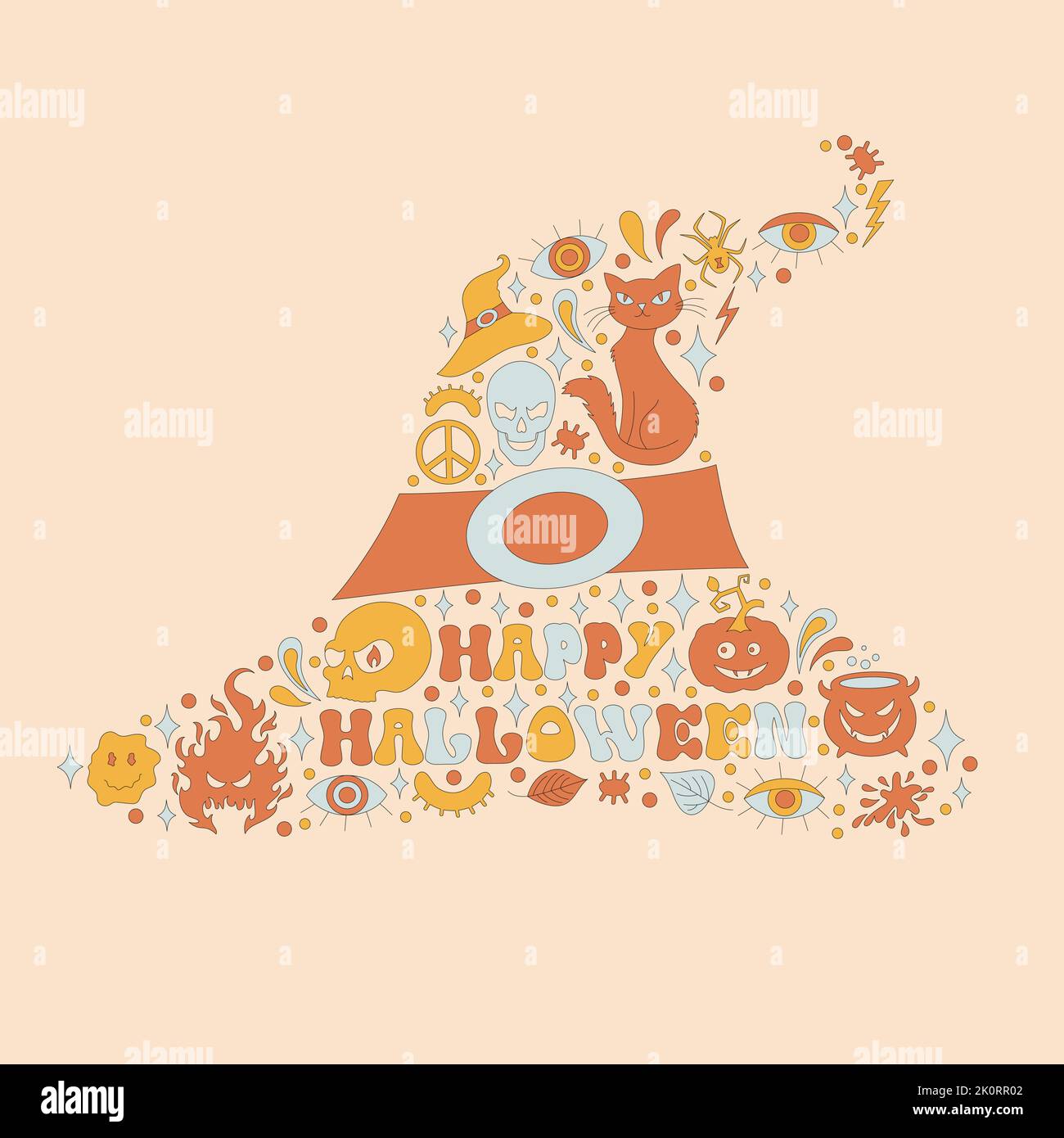 Pattern with retro 70s style Halloween elements.  Stock Vector