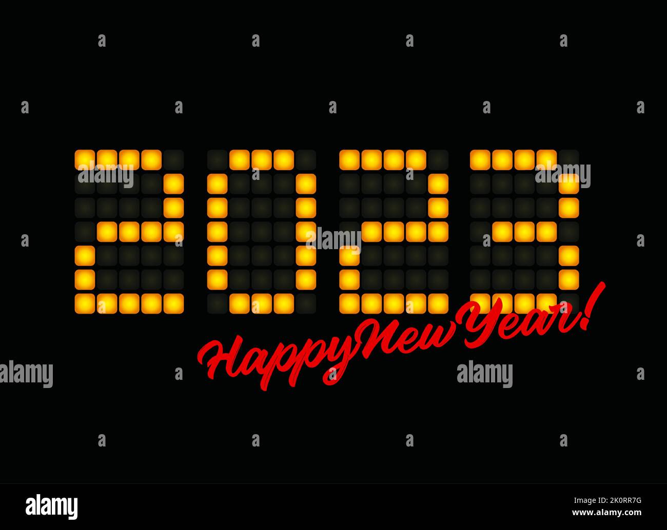 2023 digital numbers on game scoreboard. Happy New Year event poster, greeting card cover, 2023 calendar design, invitation to celebrate New Year and Stock Vector